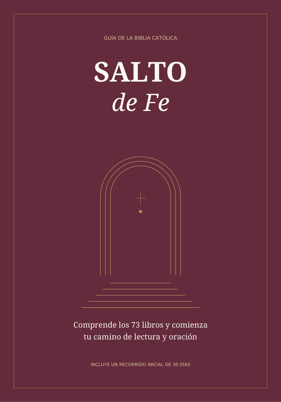 Portada digital de Salto de Fe, en color vino, con una puerta y una cruz doradas