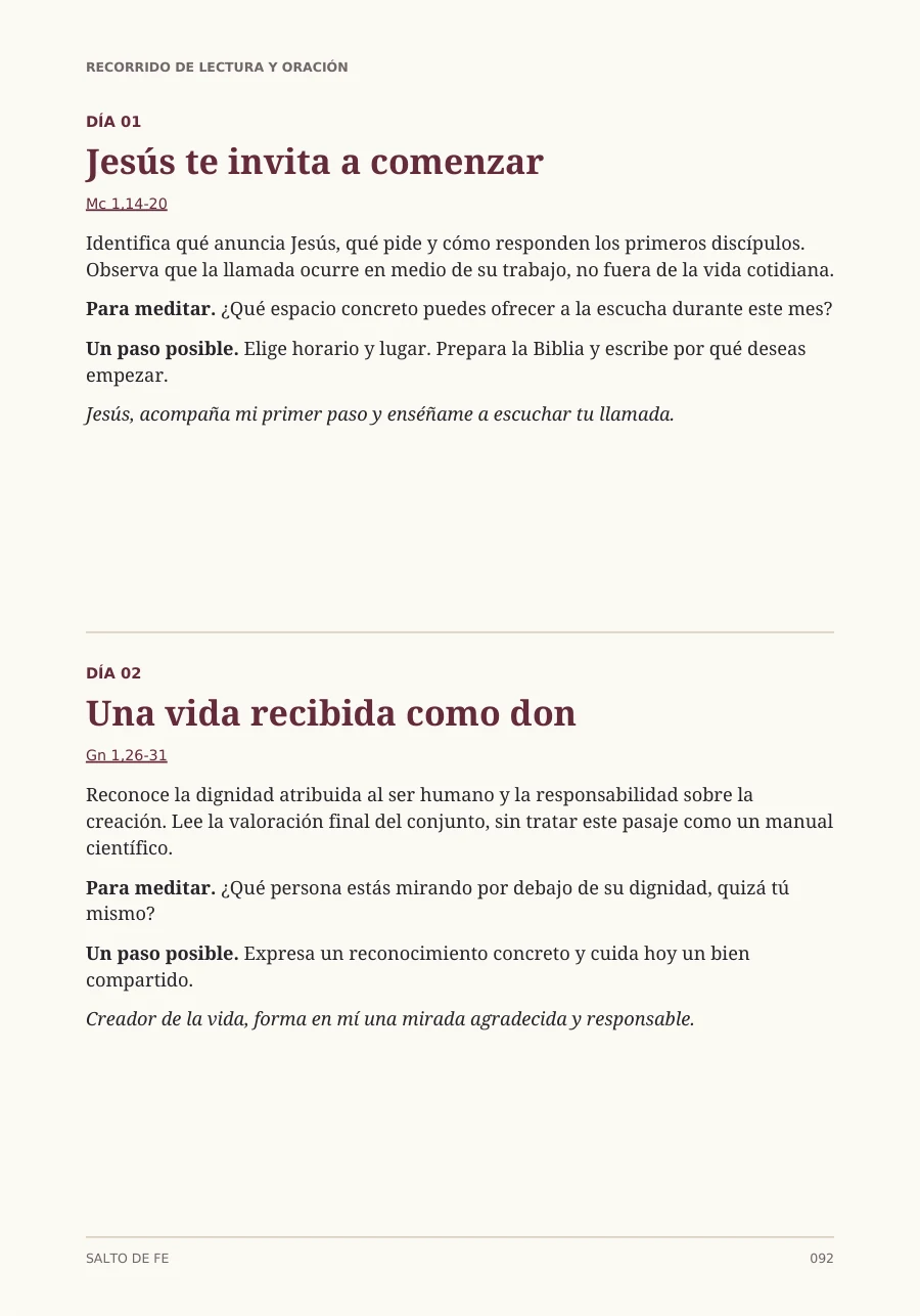 Página real con los días 1 y 2 del recorrido de lectura y oración
